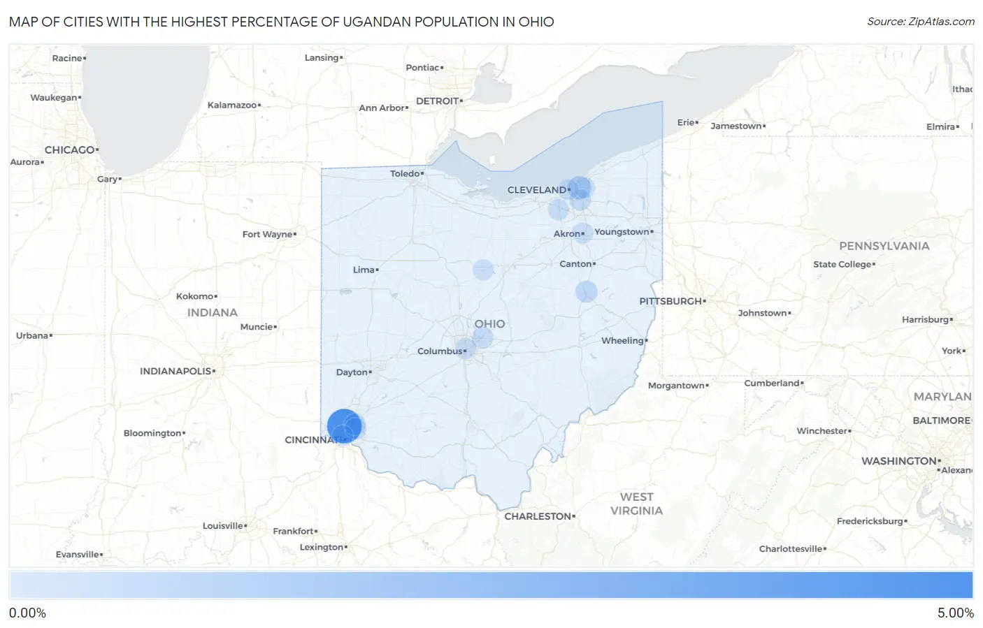Cities with the Highest Percentage of Ugandan Population in Ohio Map