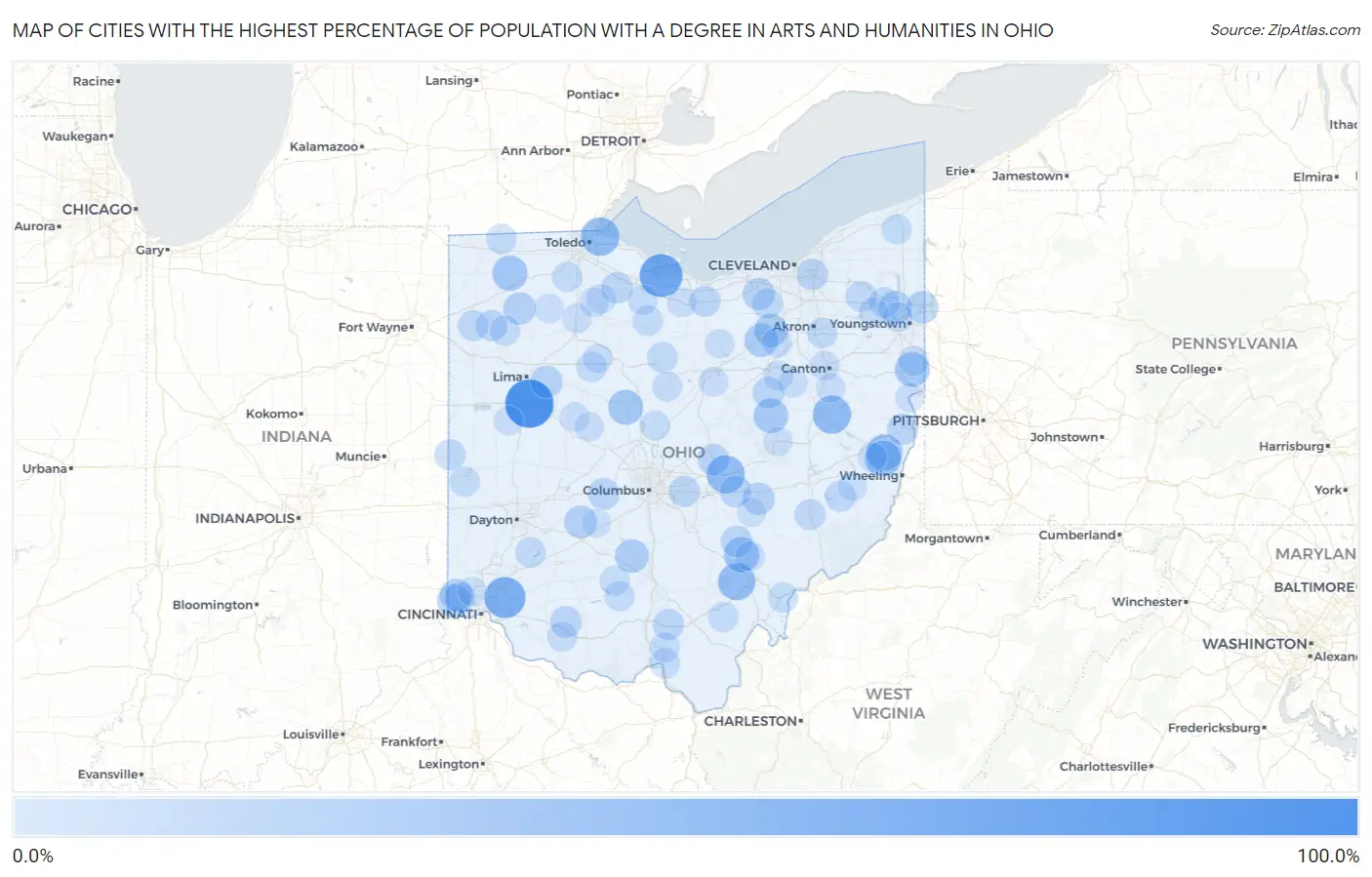 Cities with the Highest Percentage of Population with a Degree in Arts and Humanities in Ohio Map