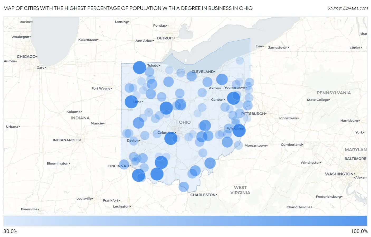 Cities with the Highest Percentage of Population with a Degree in Business in Ohio Map