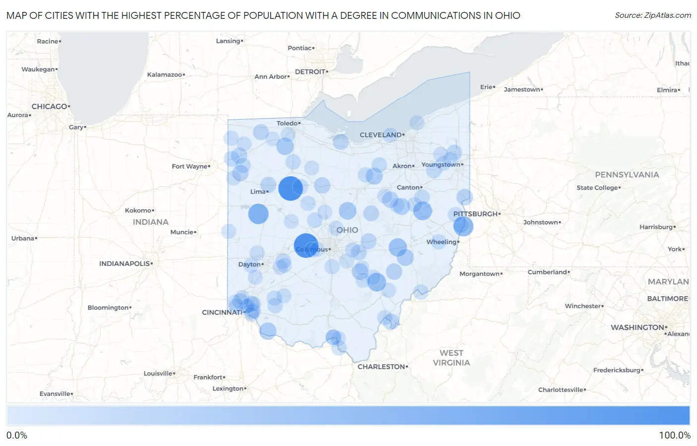Cities with the Highest Percentage of Population with a Degree in Communications in Ohio Map