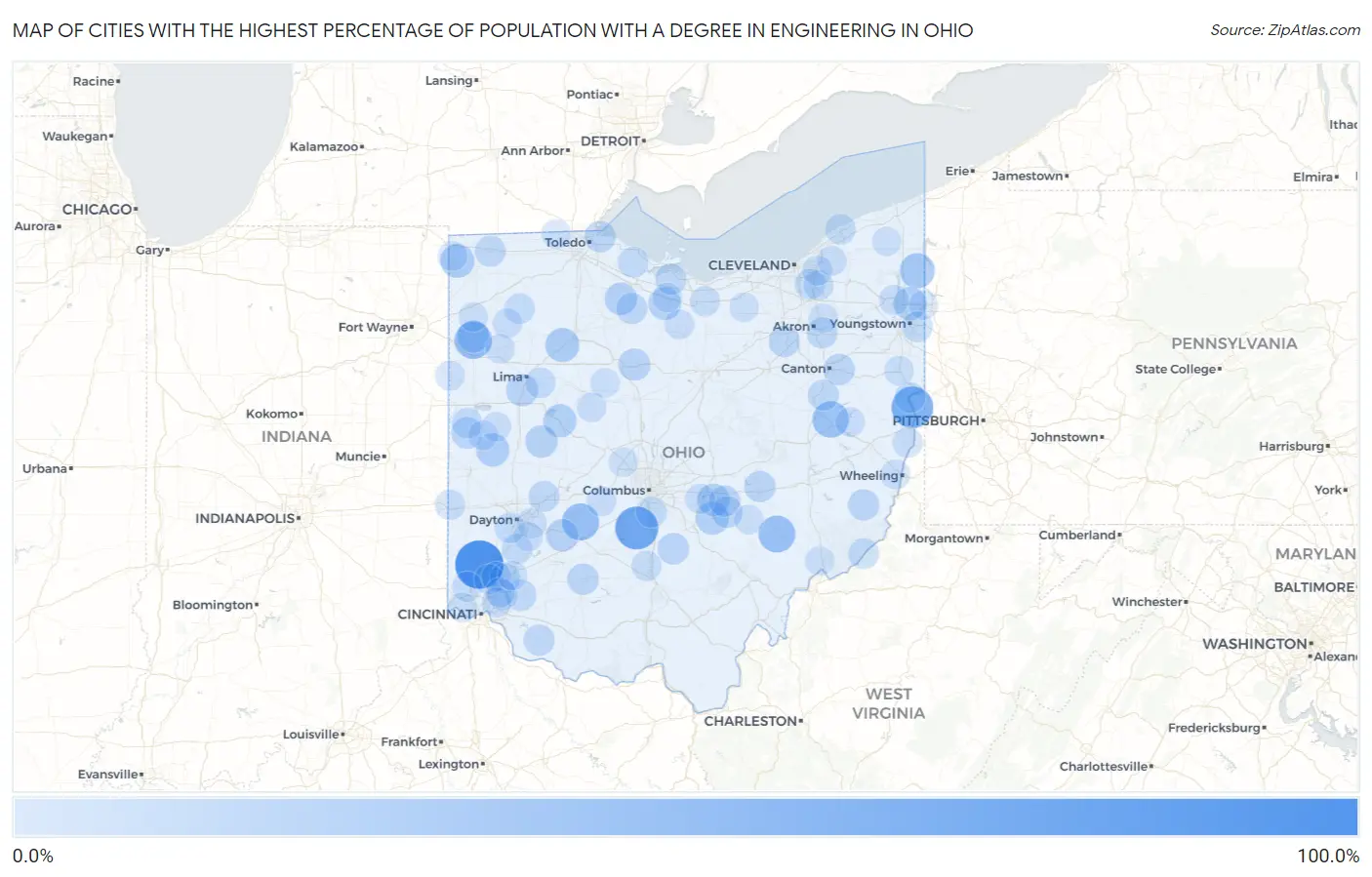 Cities with the Highest Percentage of Population with a Degree in Engineering in Ohio Map