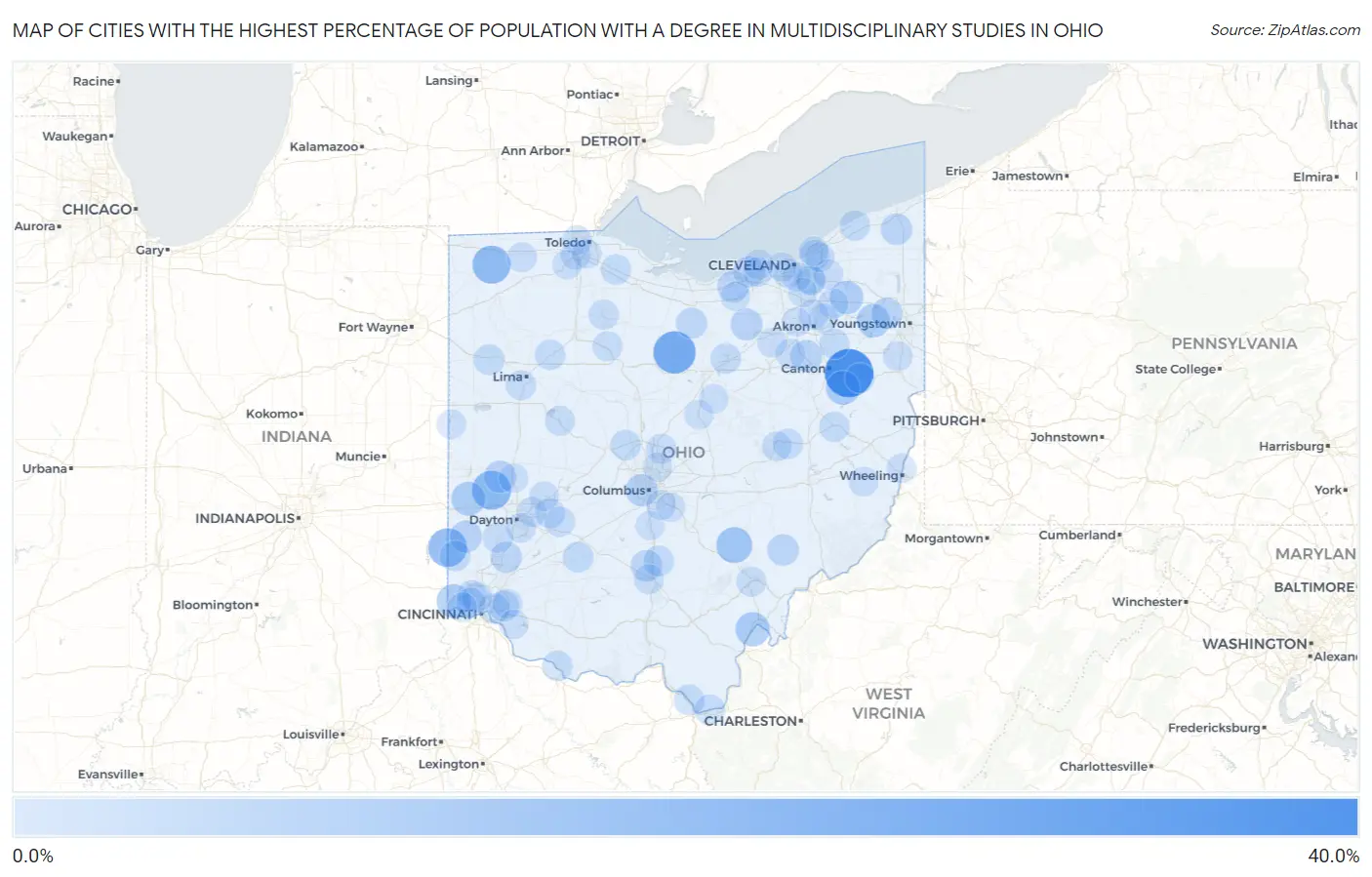Cities with the Highest Percentage of Population with a Degree in Multidisciplinary Studies in Ohio Map