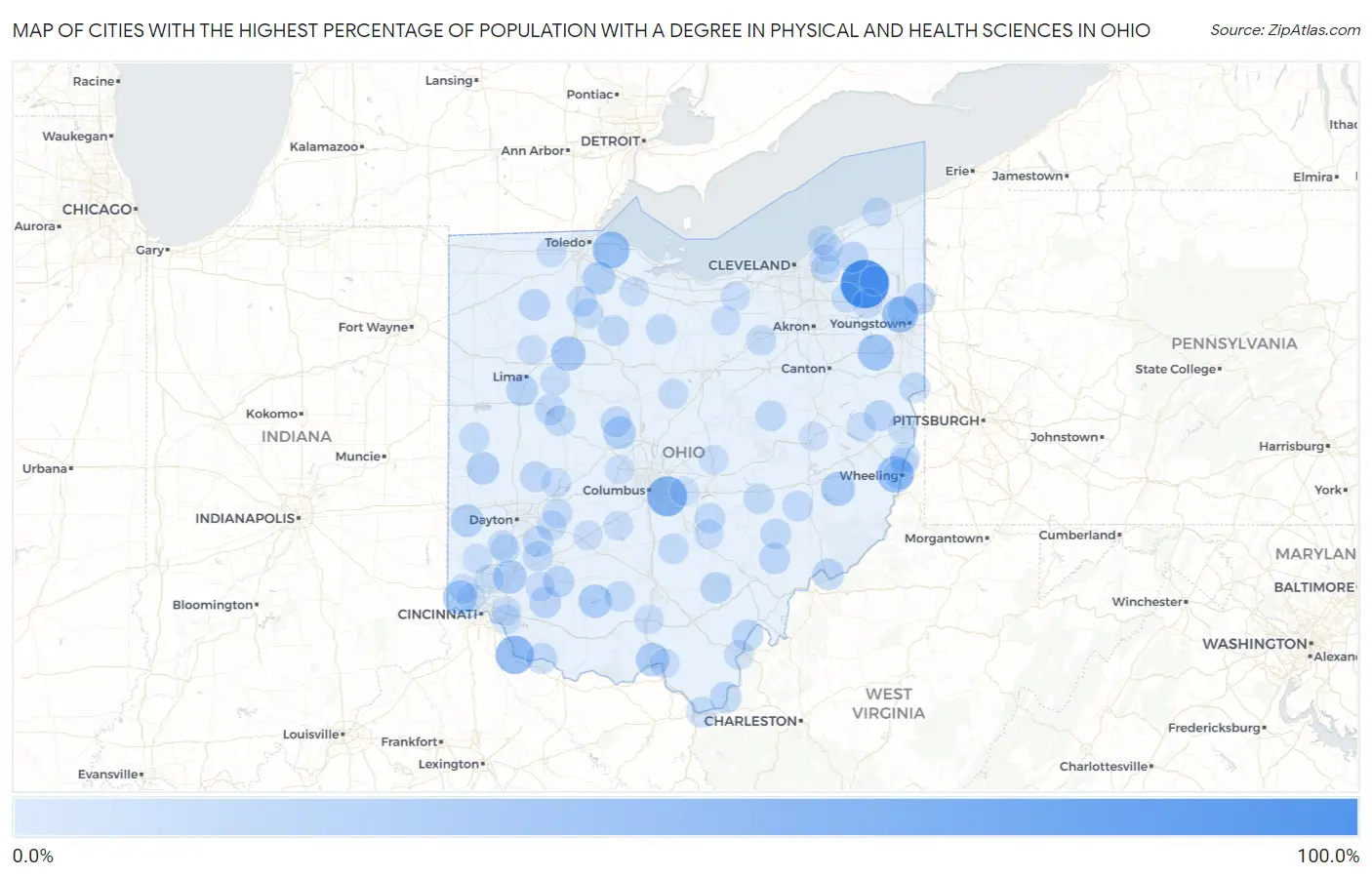 Cities with the Highest Percentage of Population with a Degree in Physical and Health Sciences in Ohio Map