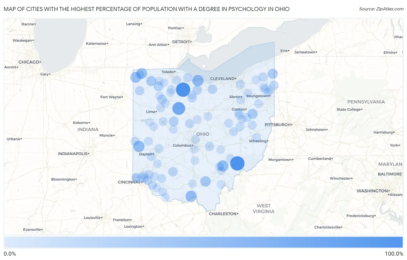 Cities with the Highest Percentage of Population with a Degree in Psychology in Ohio Map