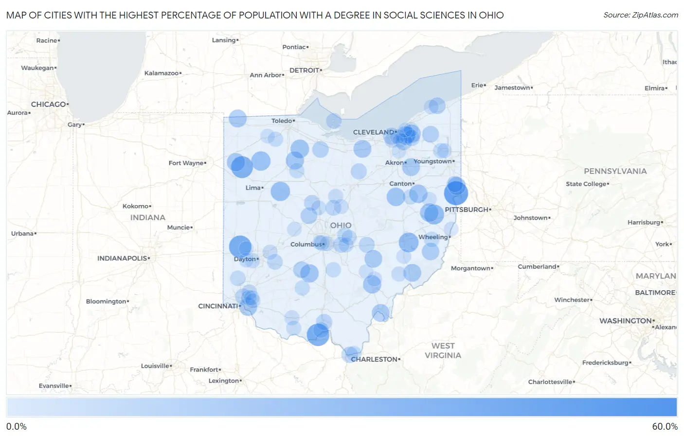 Cities with the Highest Percentage of Population with a Degree in Social Sciences in Ohio Map
