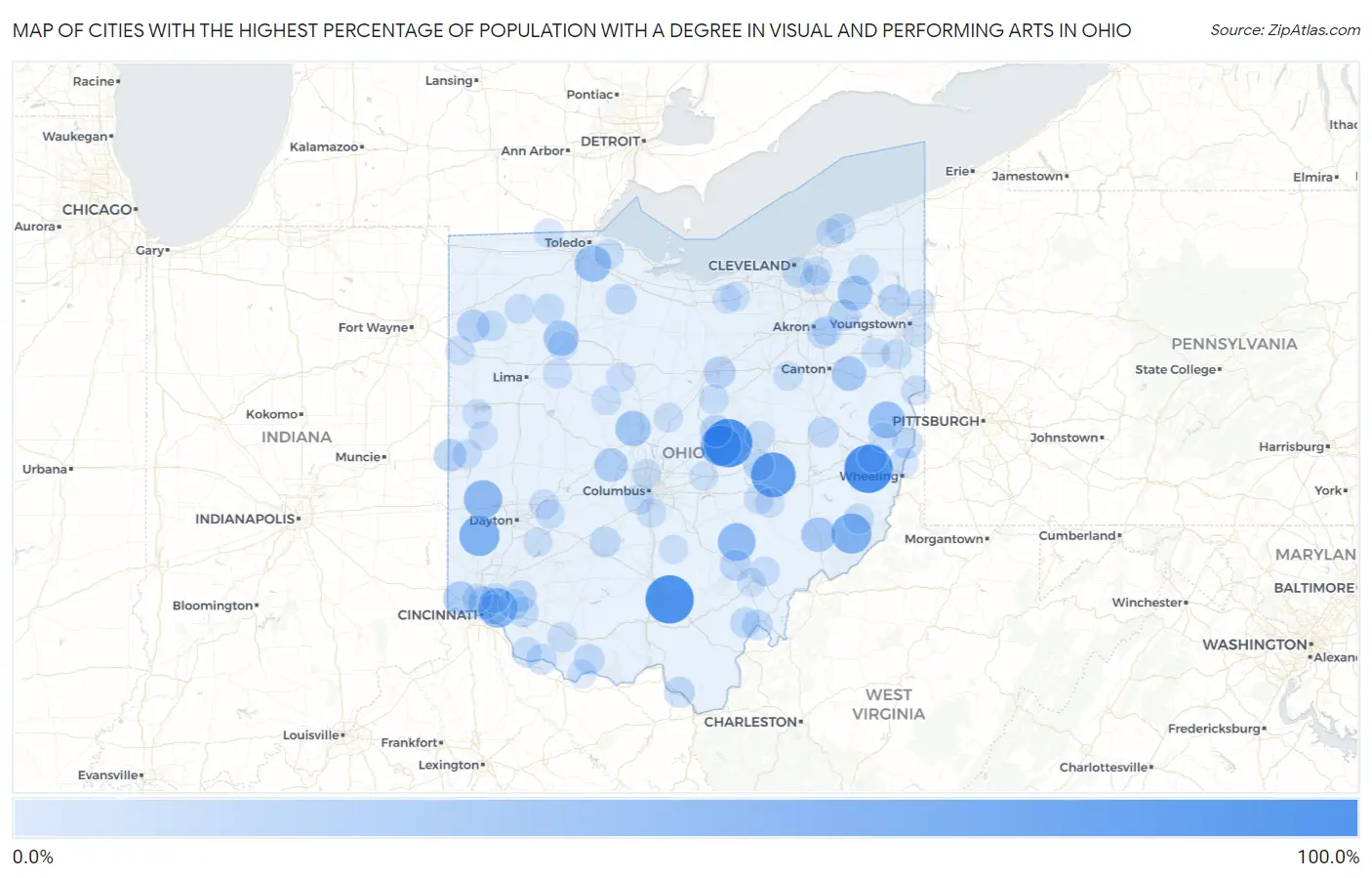 Cities with the Highest Percentage of Population with a Degree in Visual and Performing Arts in Ohio Map
