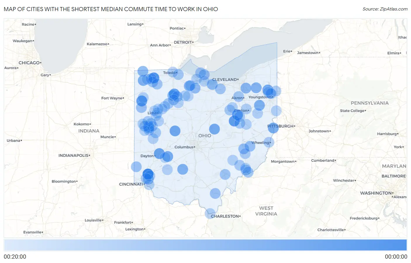 Cities with the Shortest Median Commute Time to Work in Ohio Map