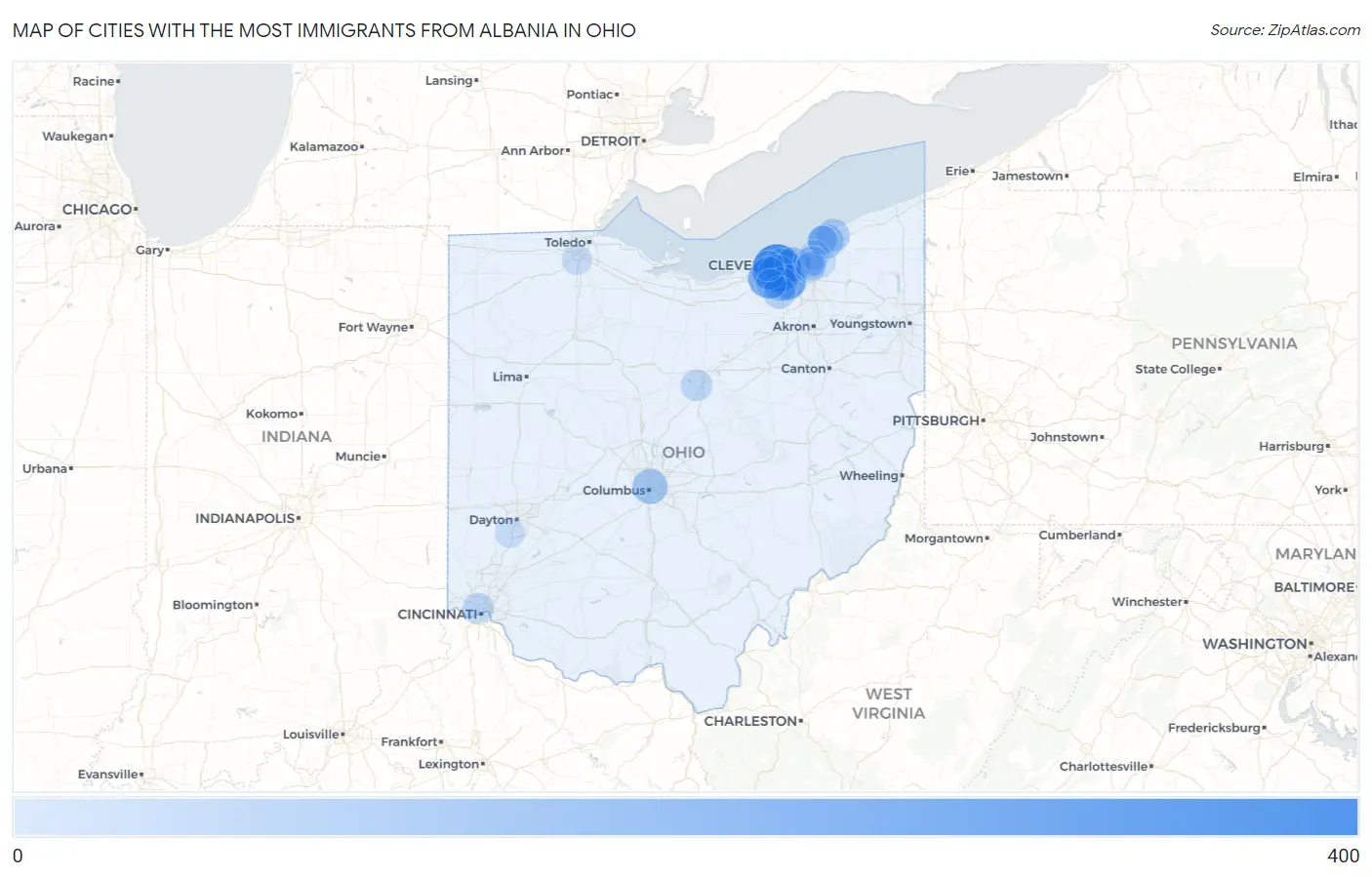 Cities with the Most Immigrants from Albania in Ohio Map