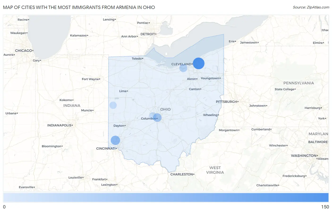 Cities with the Most Immigrants from Armenia in Ohio Map