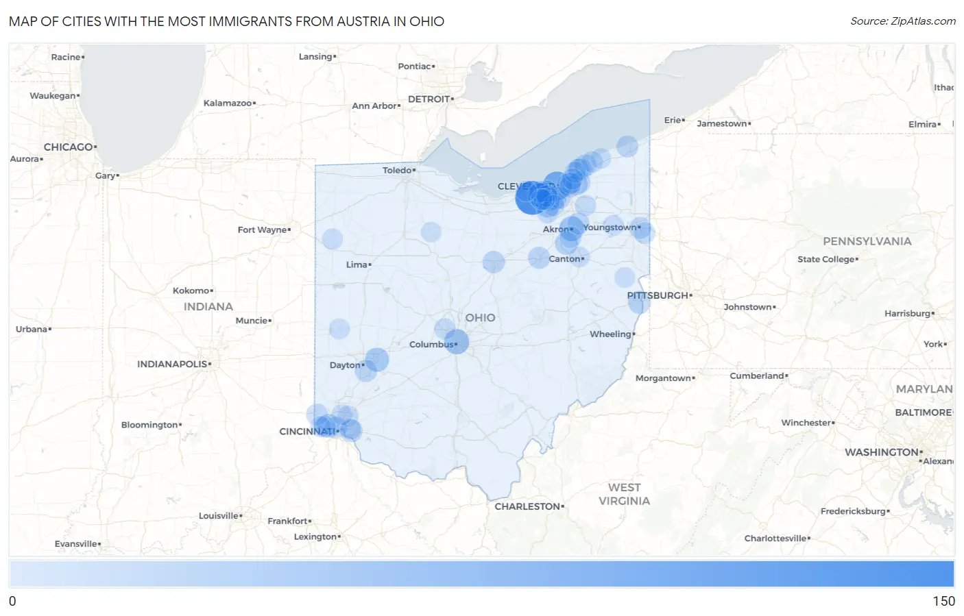 Cities with the Most Immigrants from Austria in Ohio Map
