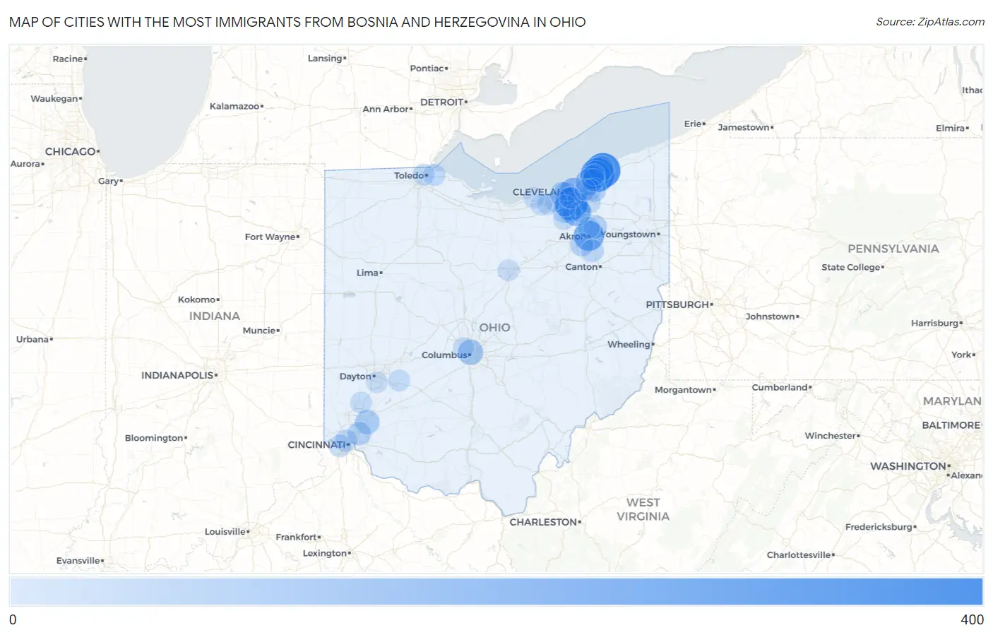Cities with the Most Immigrants from Bosnia and Herzegovina in Ohio Map