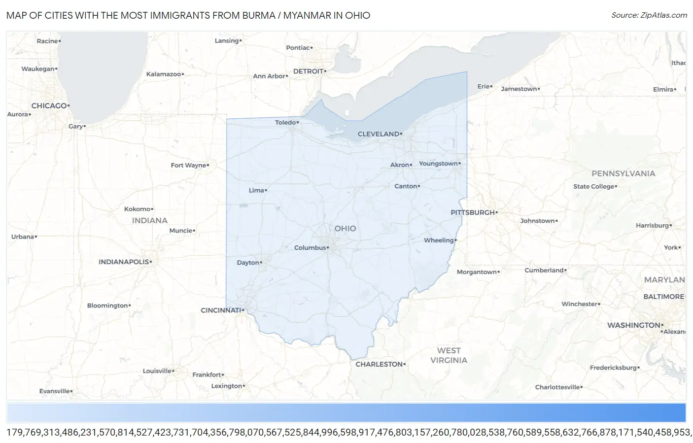 Cities with the Most Immigrants from Burma / Myanmar in Ohio Map