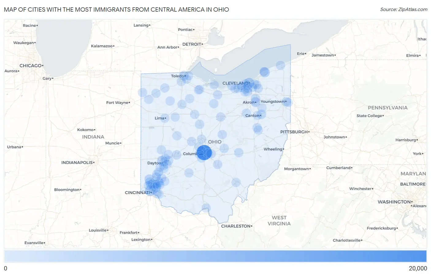 Cities with the Most Immigrants from Central America in Ohio Map