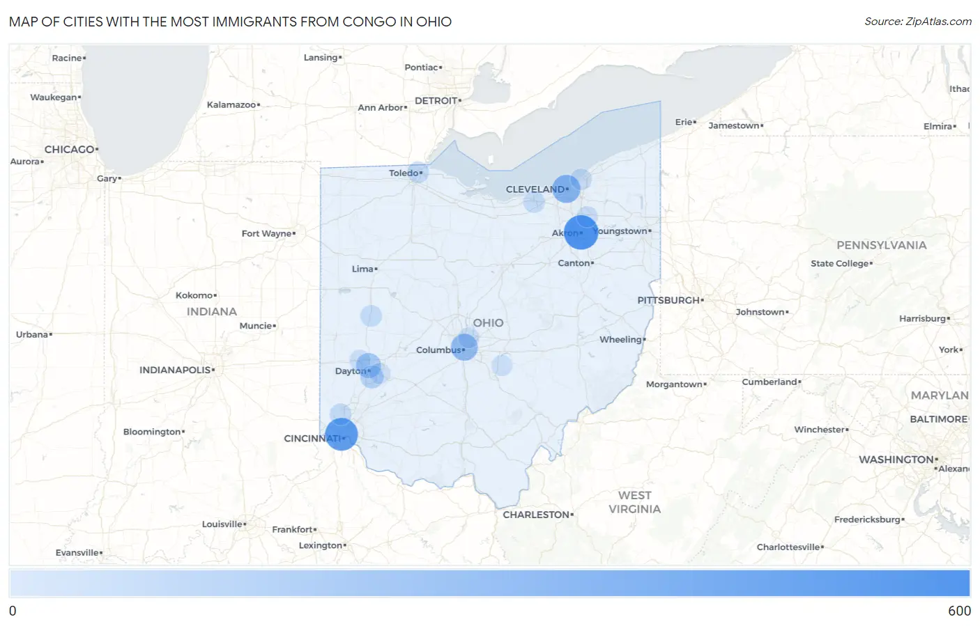 Cities with the Most Immigrants from Congo in Ohio Map