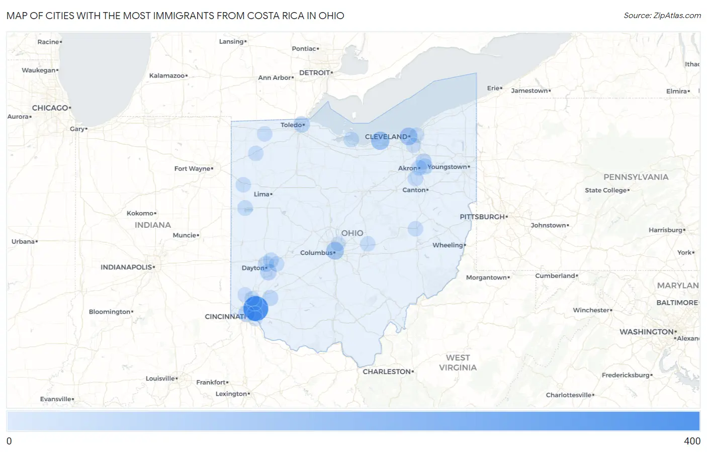Cities with the Most Immigrants from Costa Rica in Ohio Map
