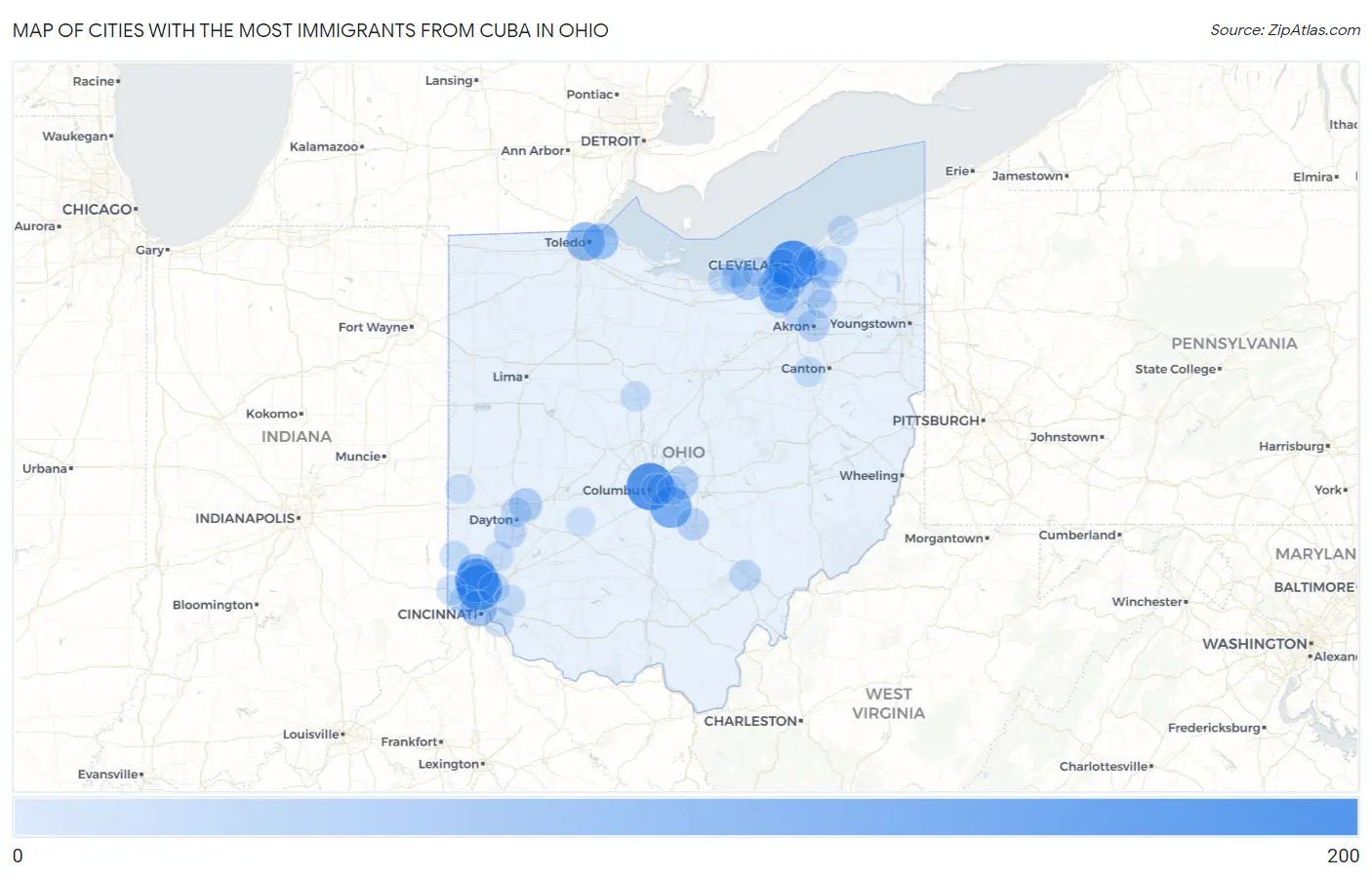 Cities with the Most Immigrants from Cuba in Ohio Map