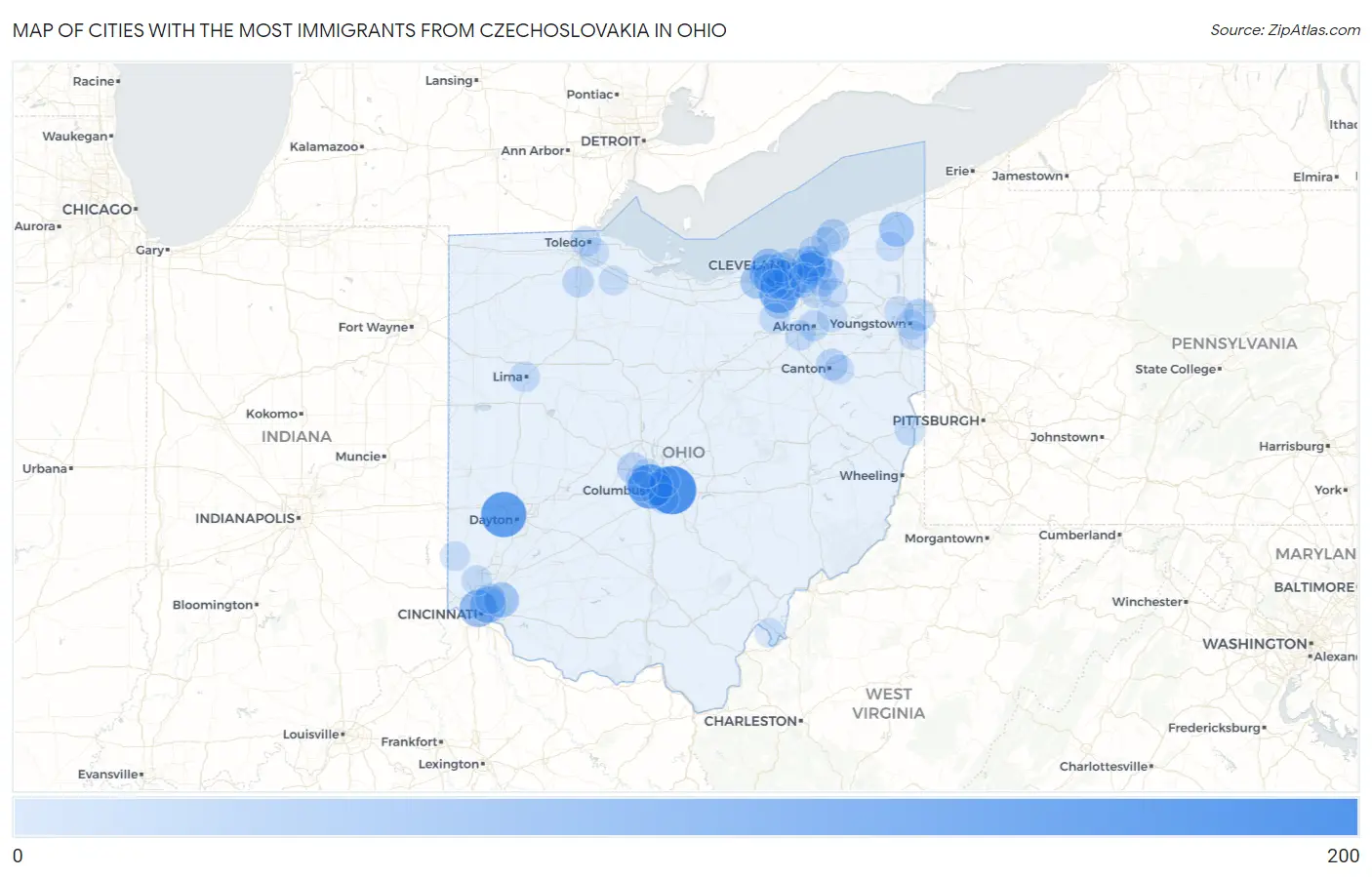 Cities with the Most Immigrants from Czechoslovakia in Ohio Map