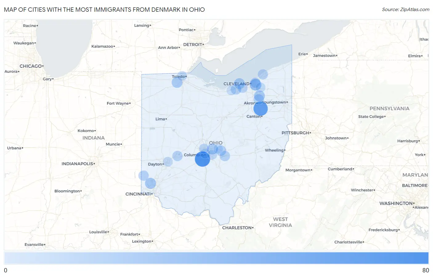 Cities with the Most Immigrants from Denmark in Ohio Map