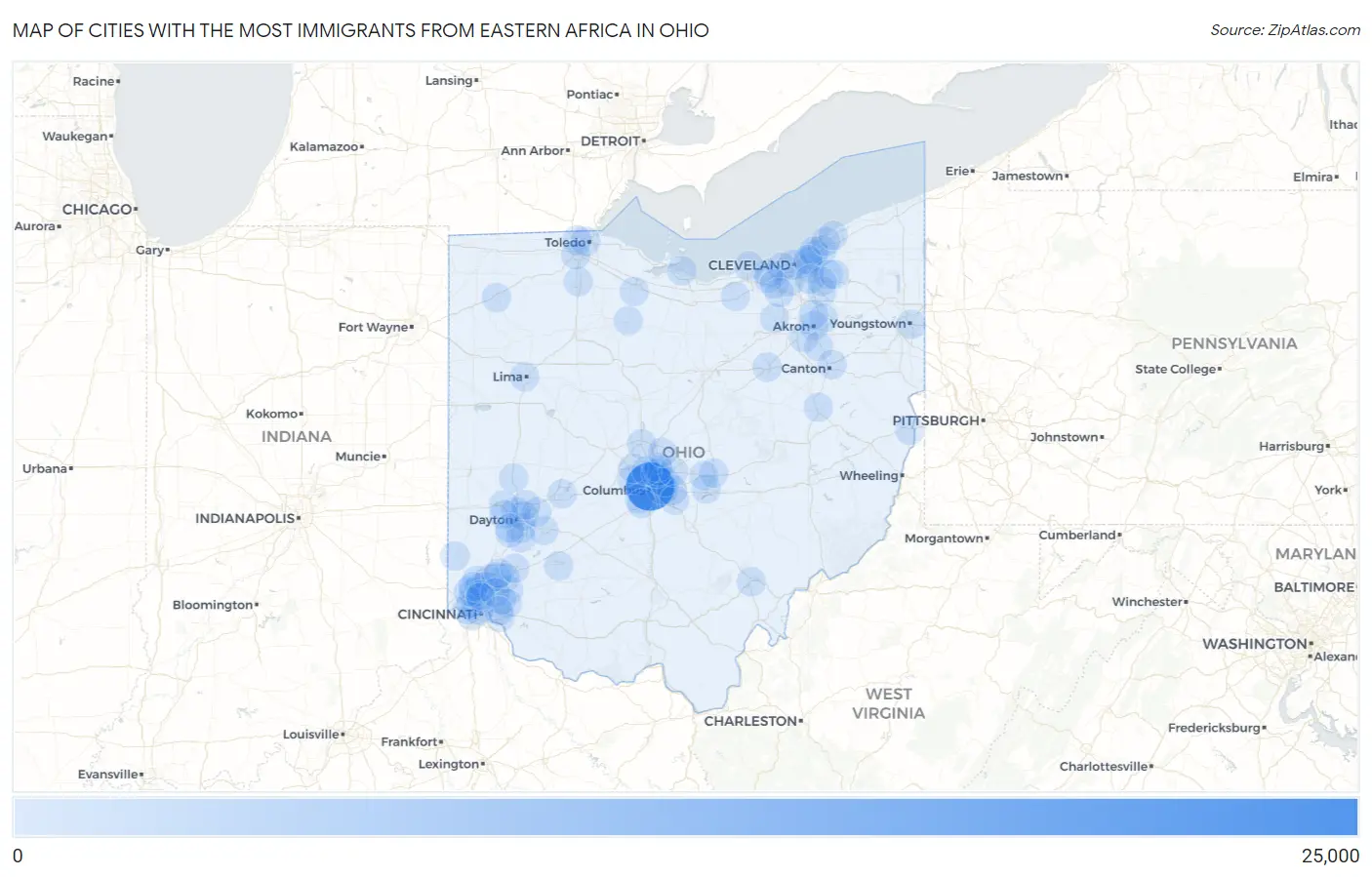Cities with the Most Immigrants from Eastern Africa in Ohio Map