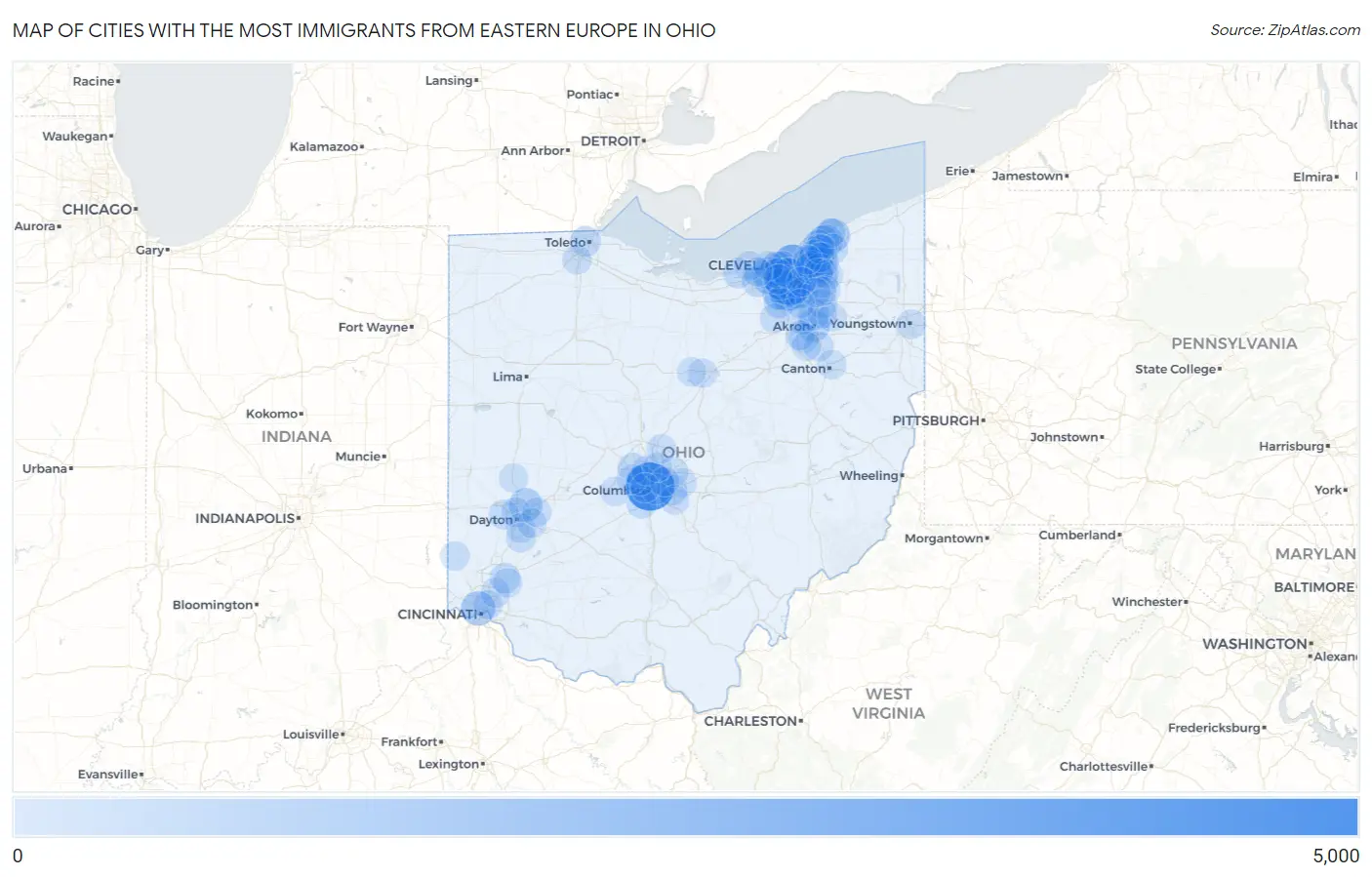Cities with the Most Immigrants from Eastern Europe in Ohio Map