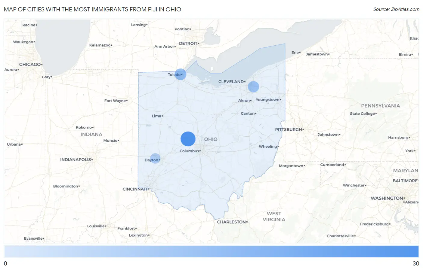 Cities with the Most Immigrants from Fiji in Ohio Map
