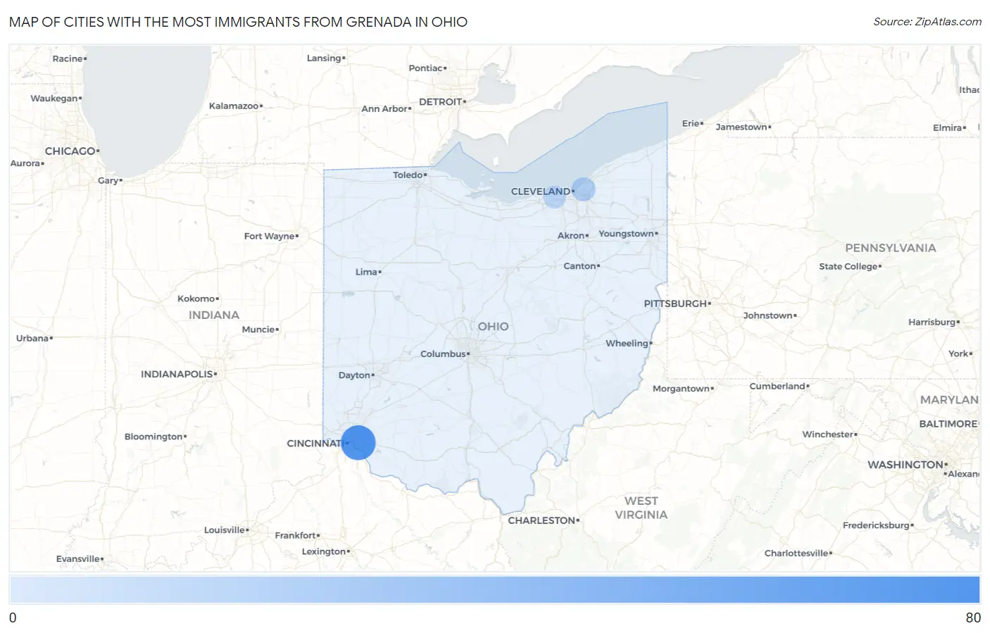 Cities with the Most Immigrants from Grenada in Ohio Map