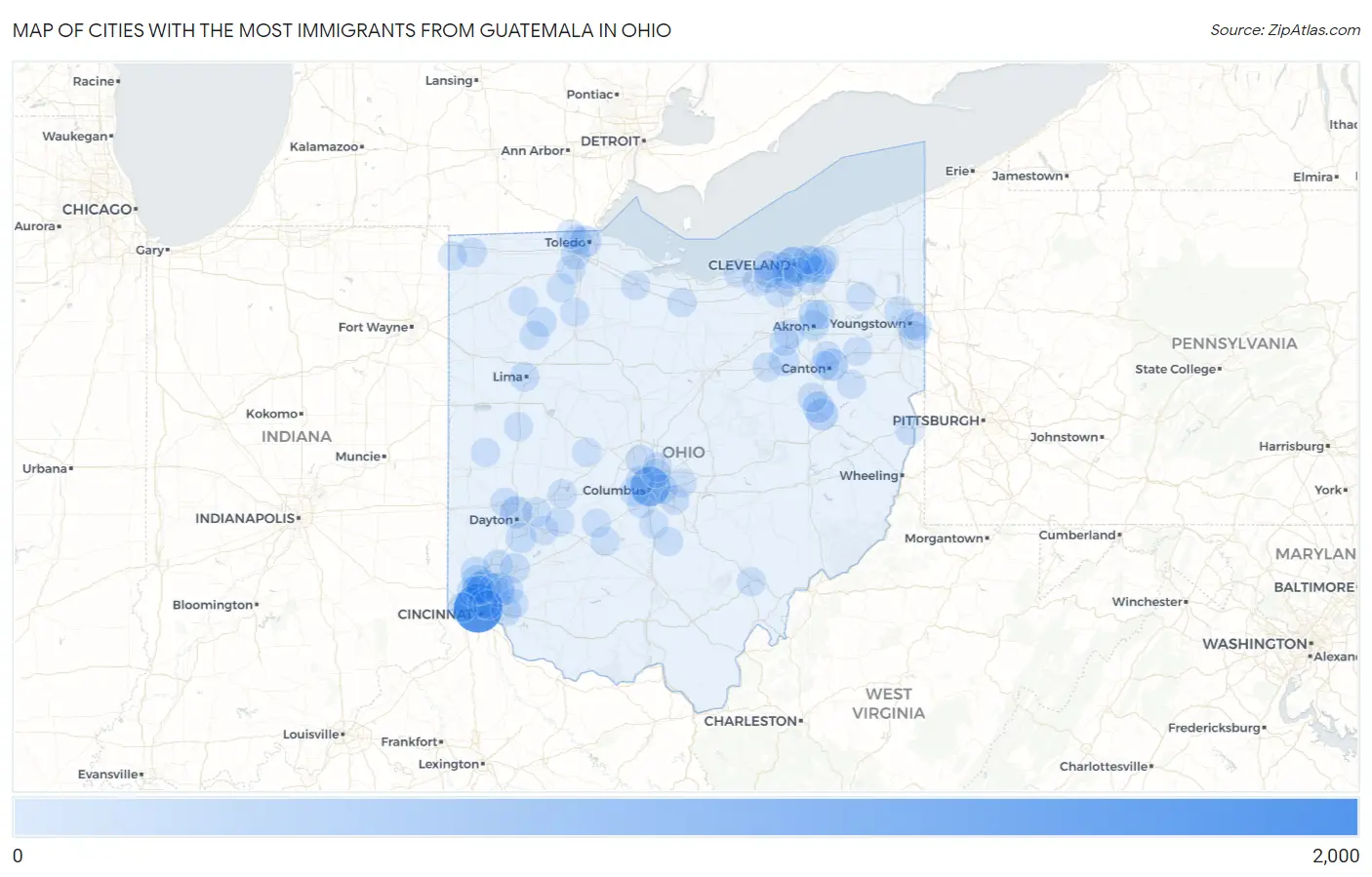 Cities with the Most Immigrants from Guatemala in Ohio Map