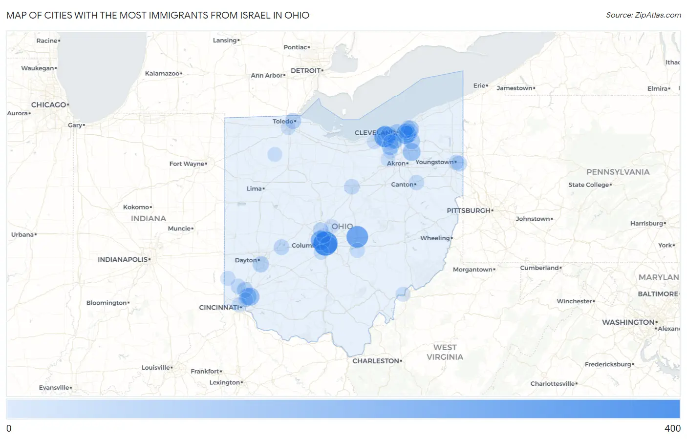 Cities with the Most Immigrants from Israel in Ohio Map