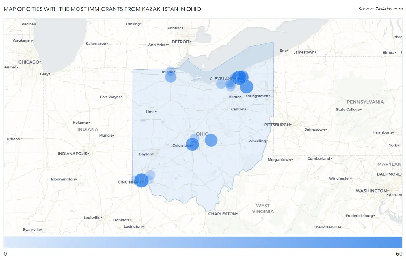 Cities with the Most Immigrants from Kazakhstan in Ohio Map