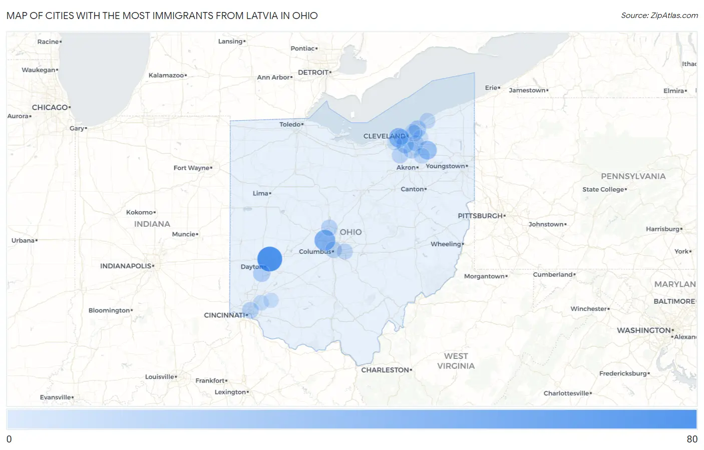 Cities with the Most Immigrants from Latvia in Ohio Map