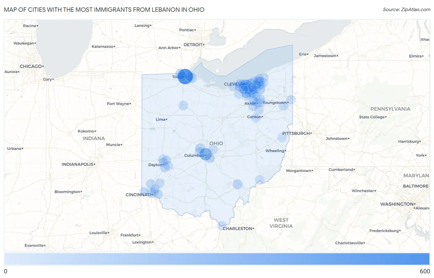 Cities with the Most Immigrants from Lebanon in Ohio Map