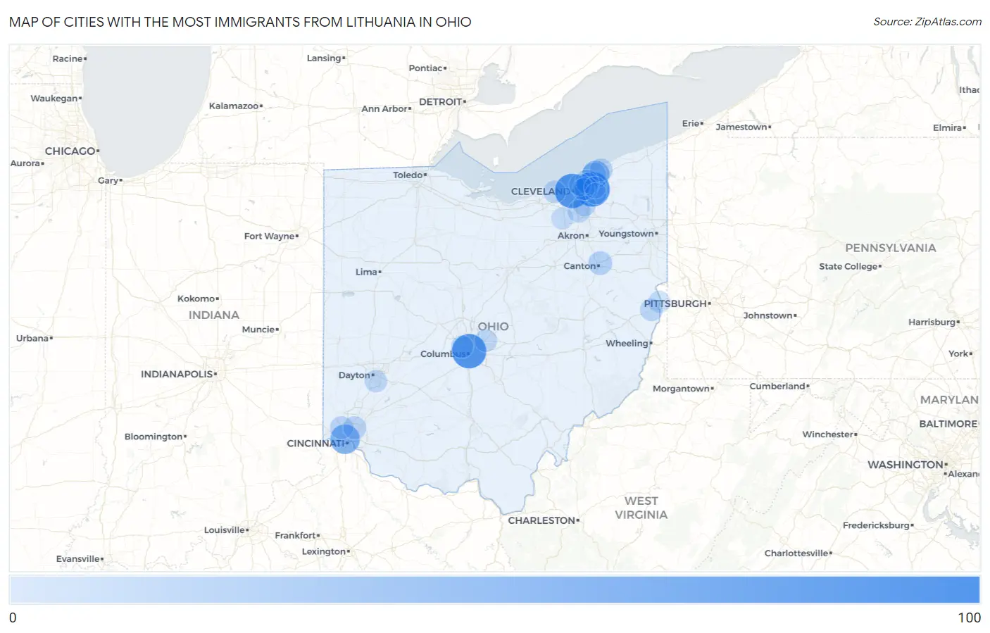 Cities with the Most Immigrants from Lithuania in Ohio Map