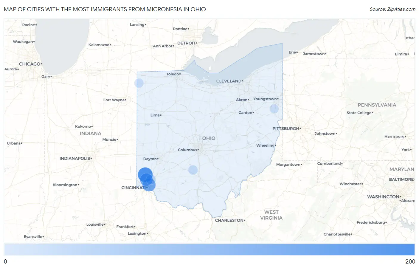 Cities with the Most Immigrants from Micronesia in Ohio Map