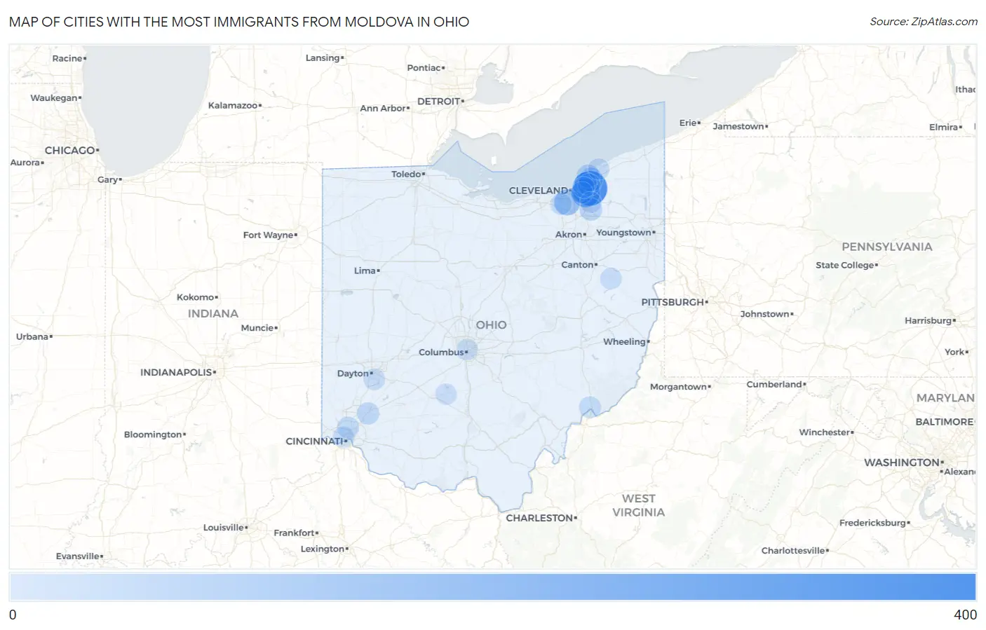 Cities with the Most Immigrants from Moldova in Ohio Map