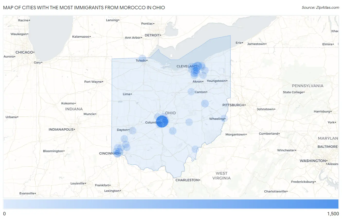 Cities with the Most Immigrants from Morocco in Ohio Map