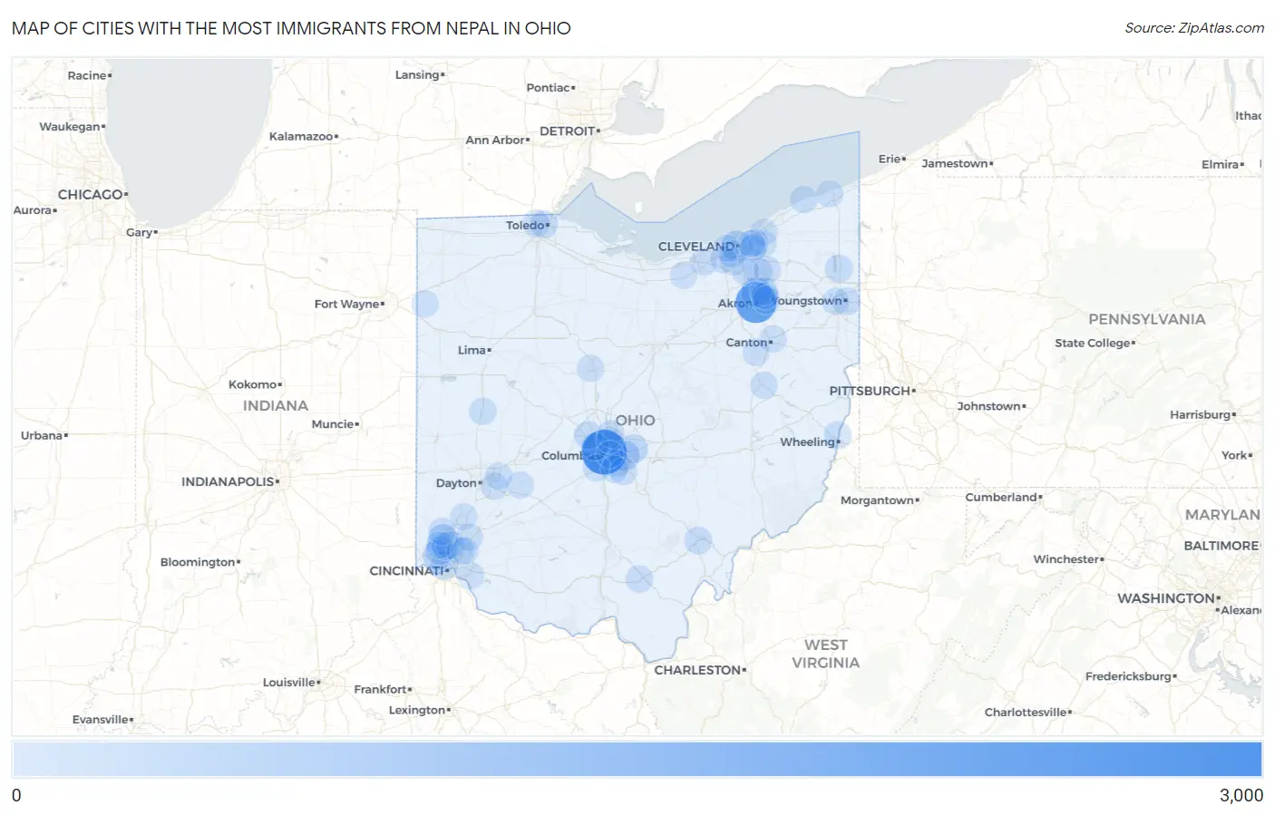 Cities with the Most Immigrants from Nepal in Ohio Map