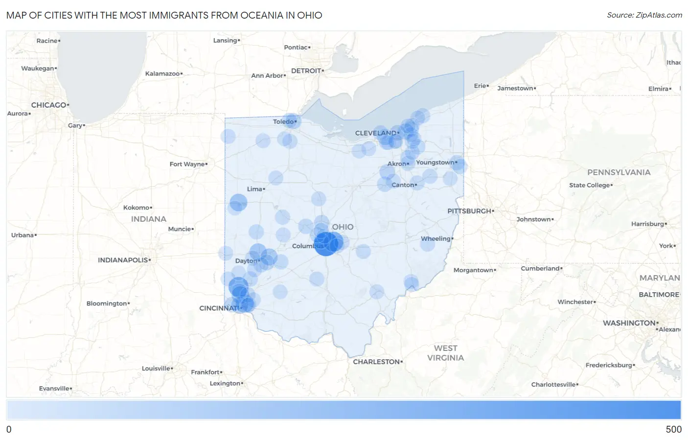 Cities with the Most Immigrants from Oceania in Ohio Map