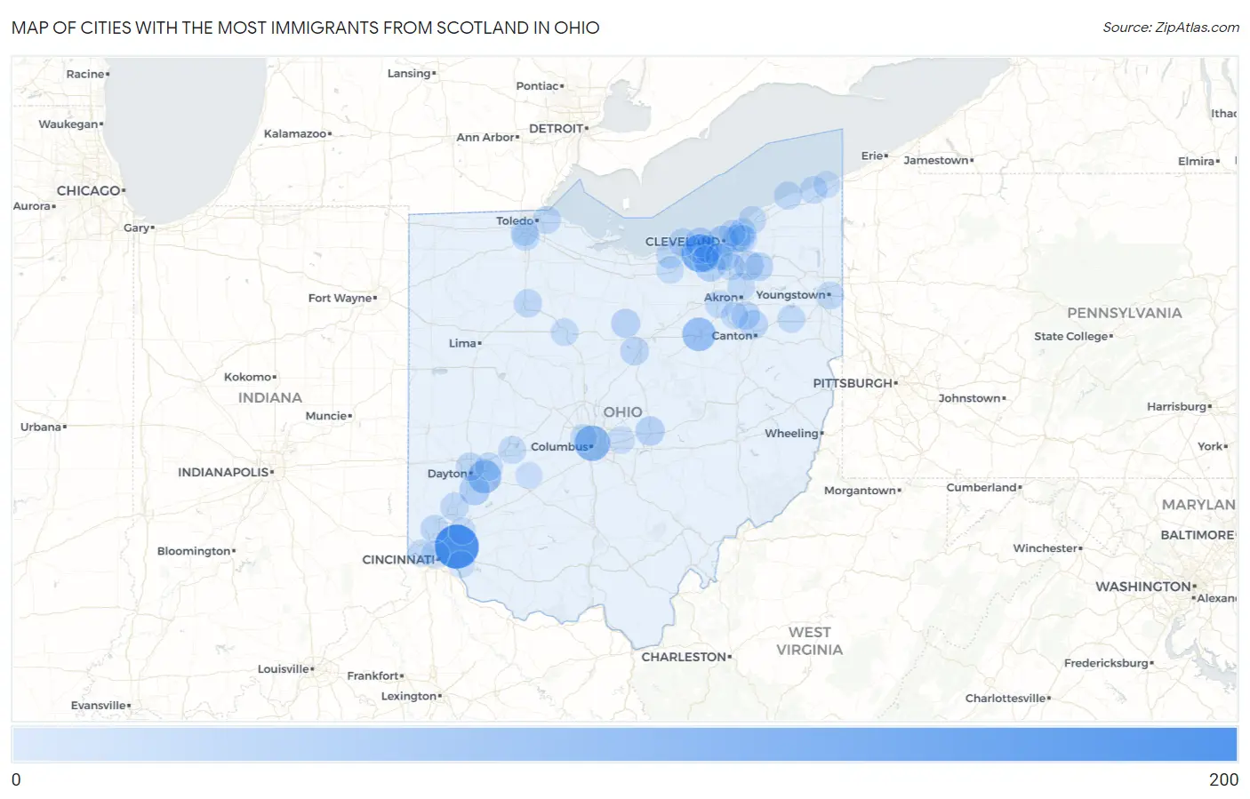 Cities with the Most Immigrants from Scotland in Ohio Map