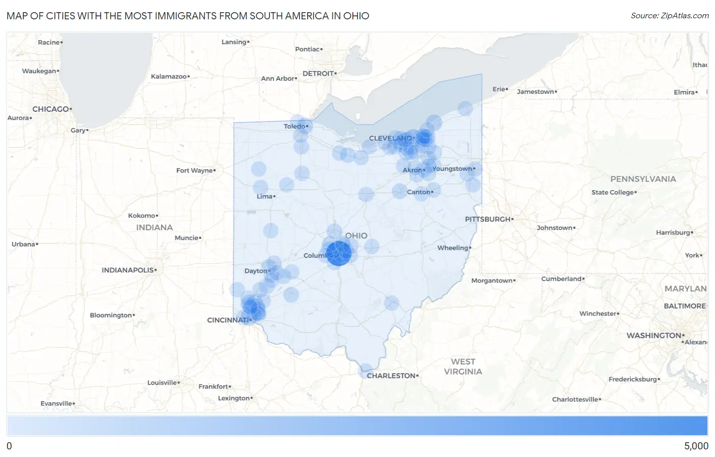 Cities with the Most Immigrants from South America in Ohio Map