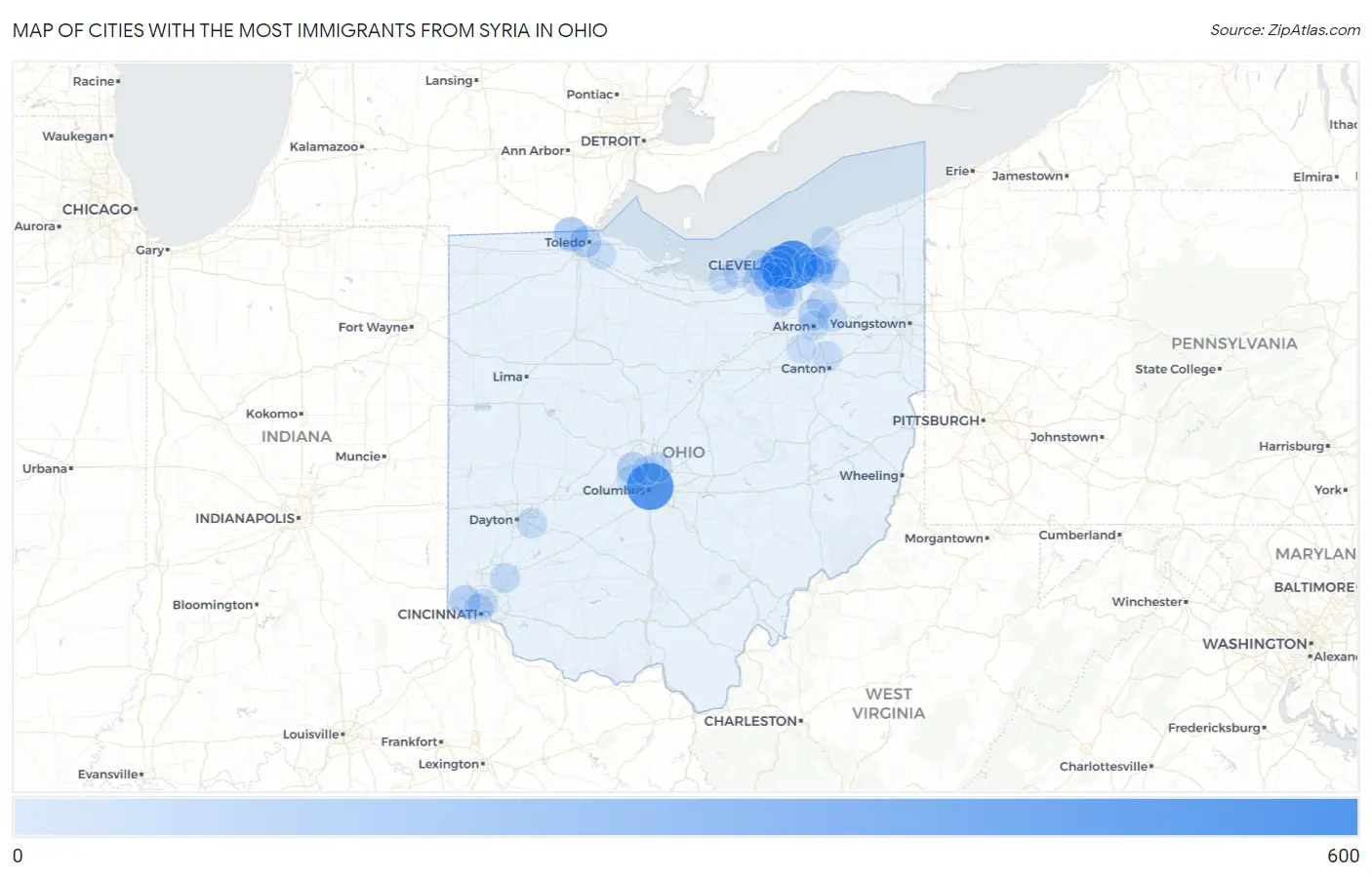 Cities with the Most Immigrants from Syria in Ohio Map