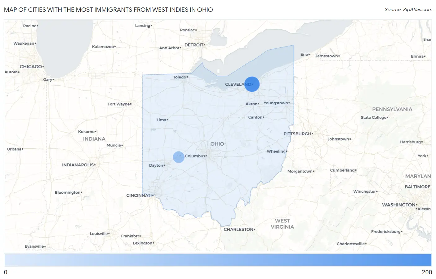 Cities with the Most Immigrants from West Indies in Ohio Map