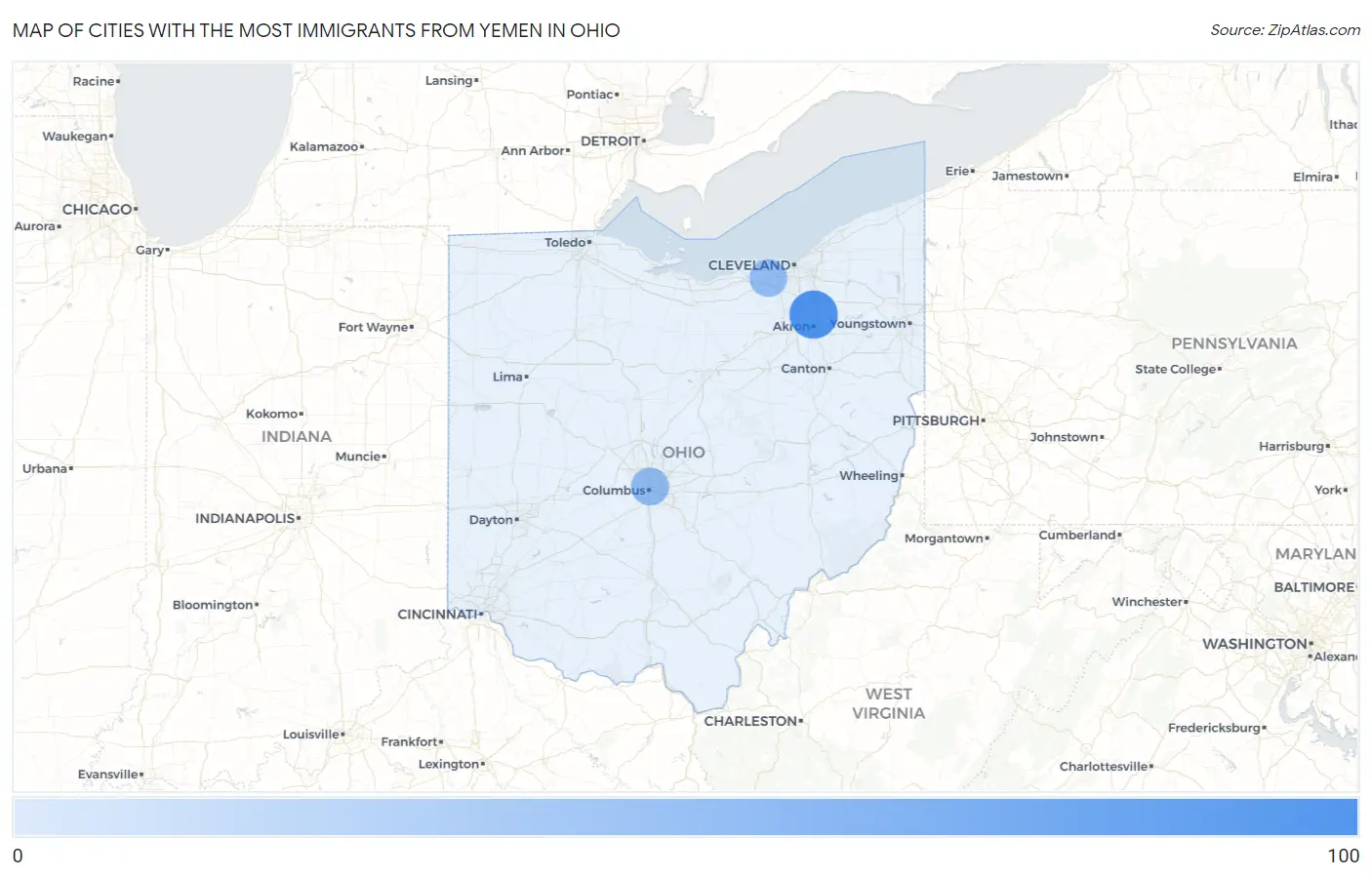 Cities with the Most Immigrants from Yemen in Ohio Map