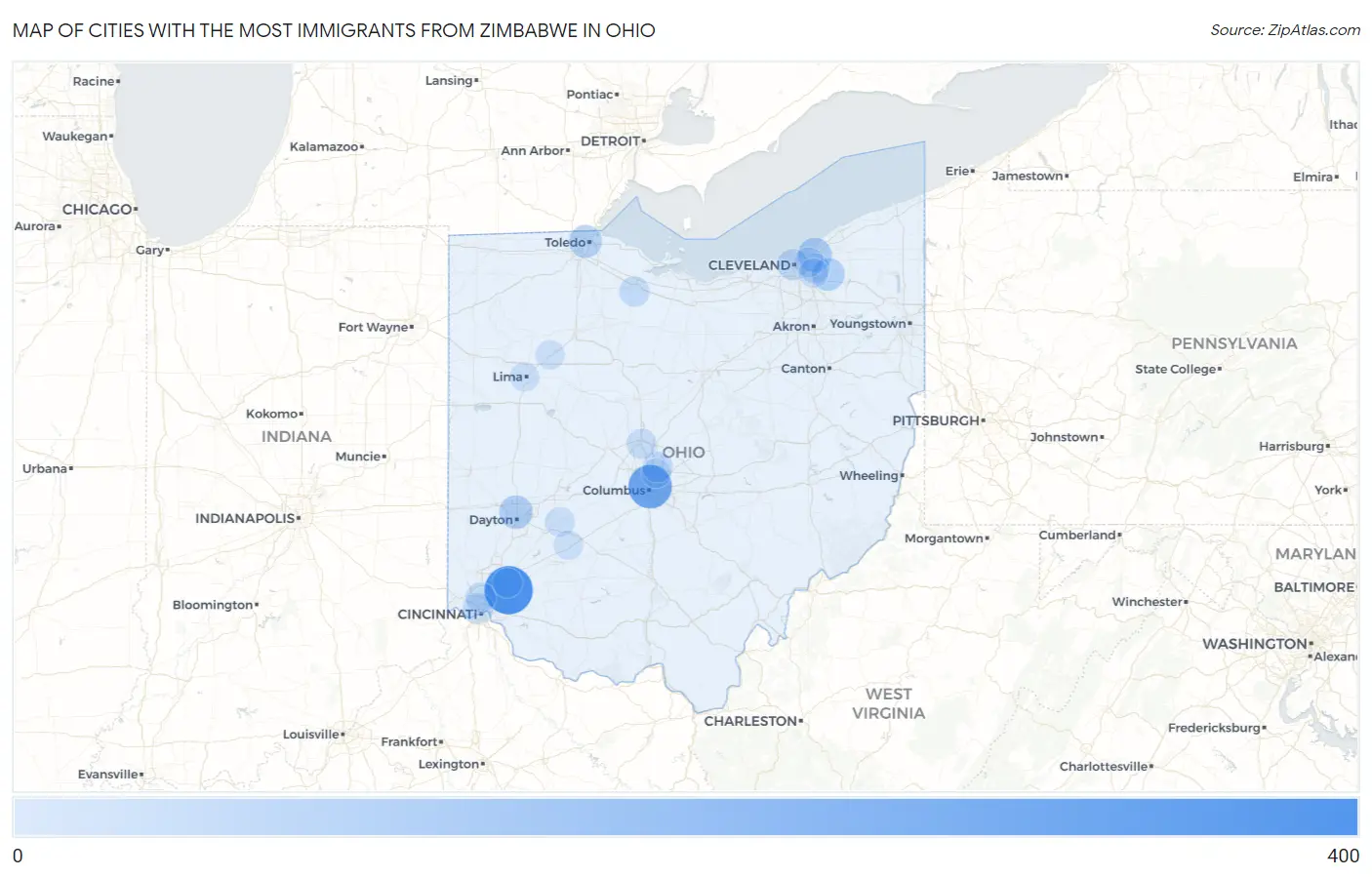 Cities with the Most Immigrants from Zimbabwe in Ohio Map