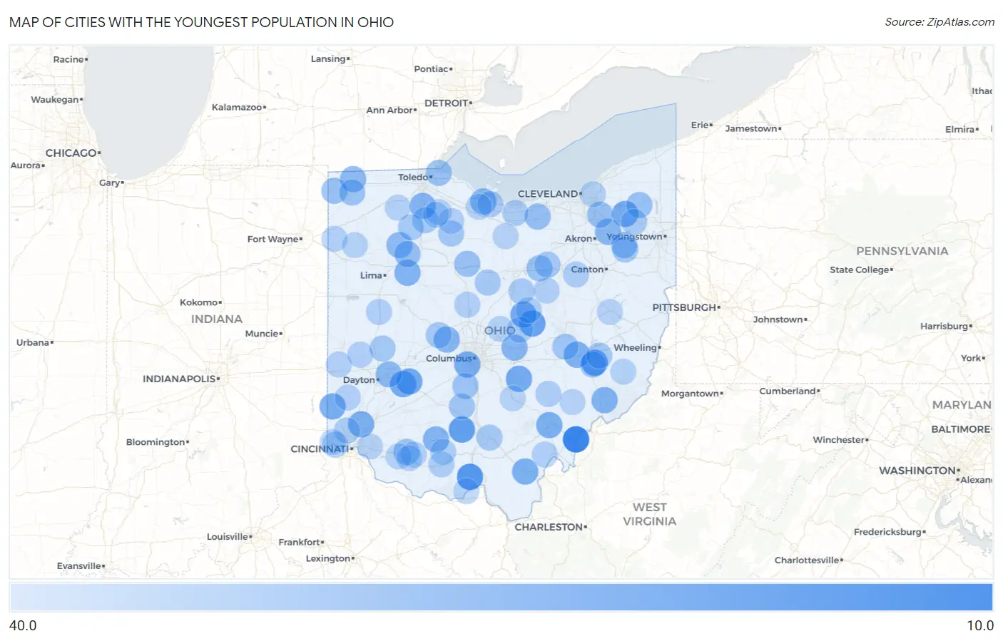 Cities with the Youngest Population in Ohio Map