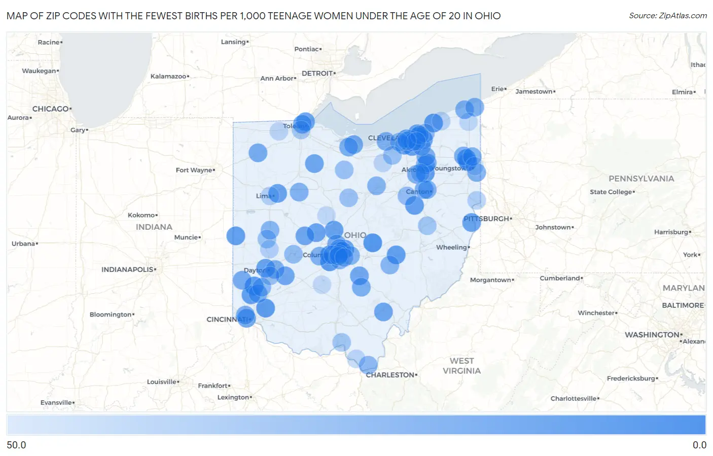 Zip Codes with the Fewest Births per 1,000 Teenage Women Under the Age of 20 in Ohio Map