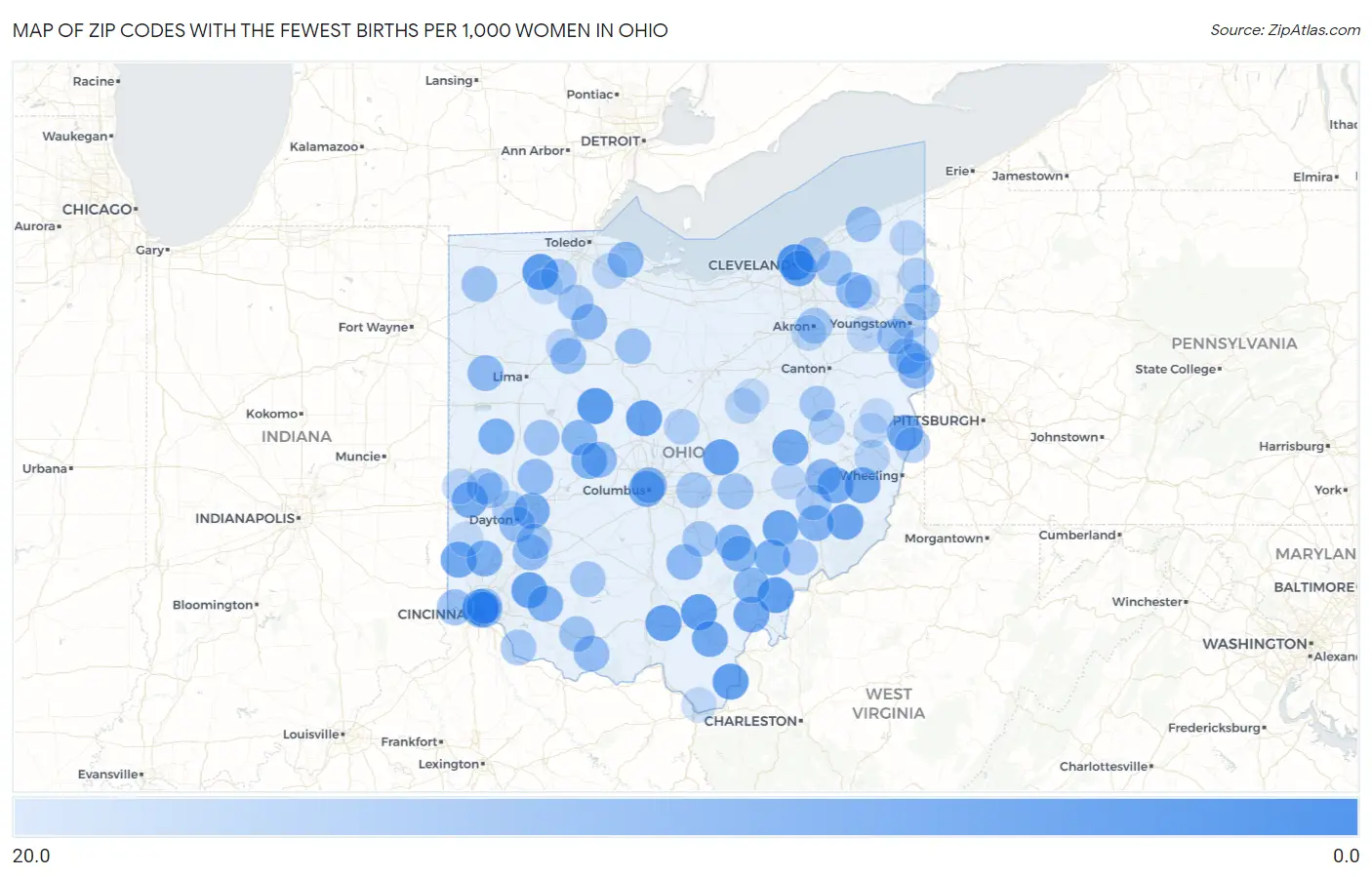 Zip Codes with the Fewest Births per 1,000 Women in Ohio Map