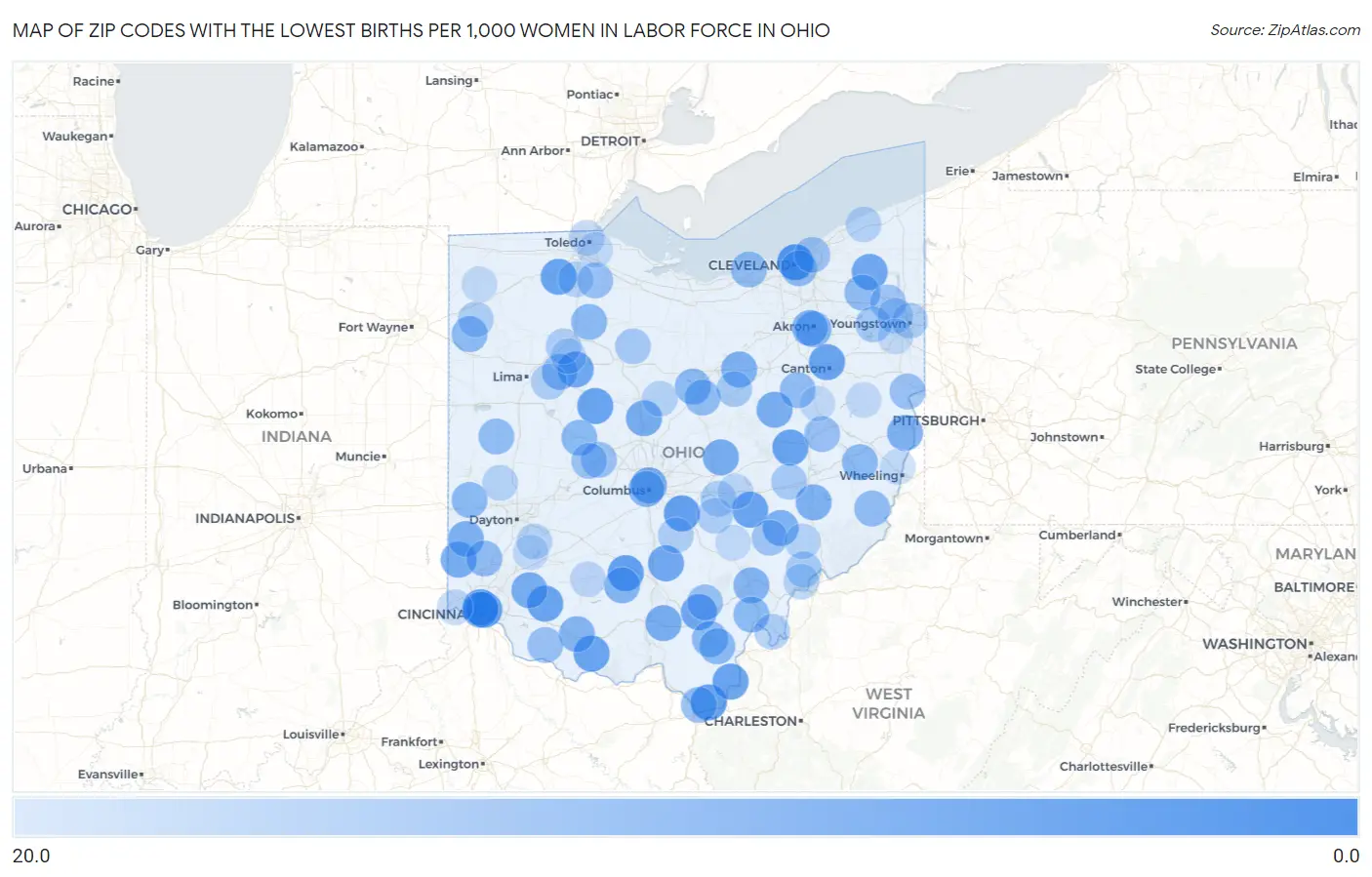 Zip Codes with the Lowest Births per 1,000 Women in Labor Force in Ohio Map