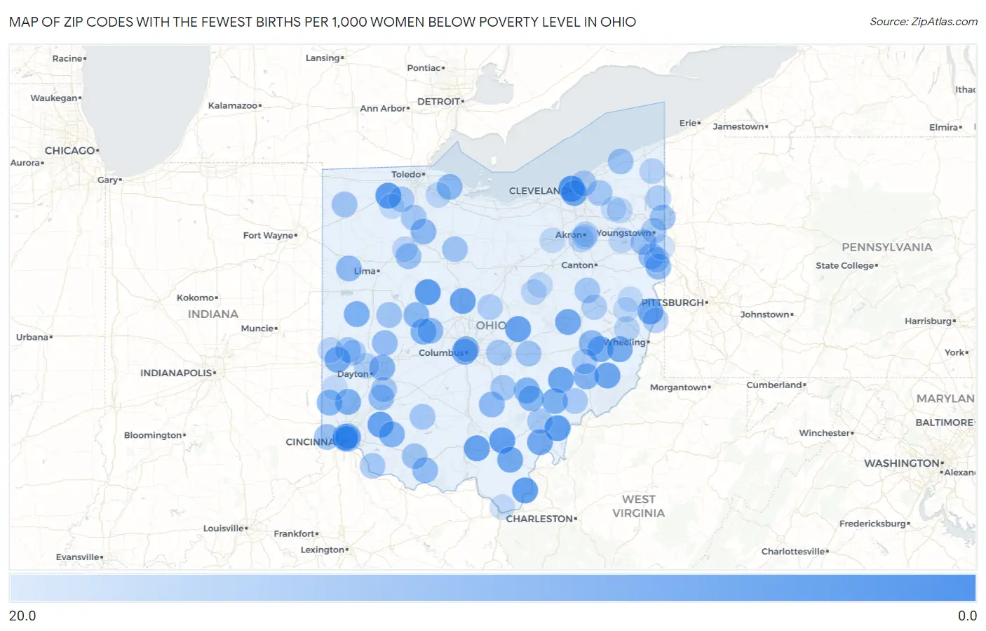 Zip Codes with the Fewest Births per 1,000 Women Below Poverty Level in Ohio Map