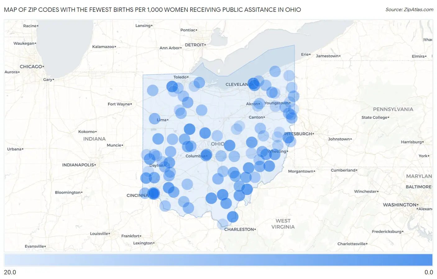 Zip Codes with the Fewest Births per 1,000 Women Receiving Public Assitance in Ohio Map