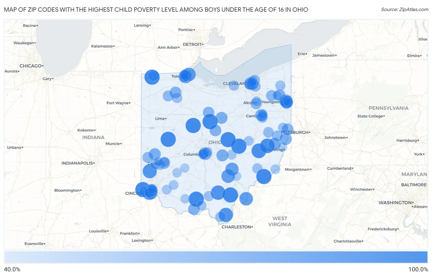 Zip Codes with the Highest Child Poverty Level Among Boys Under the Age of 16 in Ohio Map